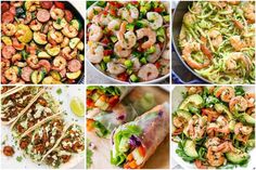 several pictures of different types of food including shrimp, avocado, and salad