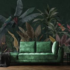 Dark Green Palm Leaves Wall Mural CCM167 Tropical Decor Living Room, Jungalow Decor, Living Room Decor Styles, Formal Lounge, Green Lounge, Green Palm Leaves, Bolster Pillows, Dark Green Background, Tropical Wallpaper