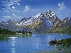 a painting of a mountain lake with boats in the water