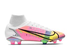 the nike vapor soccer shoe is shown in white, pink and yellow colors with black accents