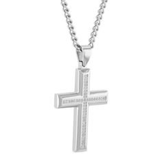 .25ctw white diamond stainless steel cross with chain. Diamond Cut White Gold Cross Pendant Jewelry, Luxury Diamond White Cross Pendant Jewelry, White Diamond Cross Pendant With Single Cut Diamonds, Diamond White Single Cut Cross Pendant Jewelry, White Diamond-cut Pendant Cross Necklace, Steel Cross, Stylish Watches, Cross Jewelry, Gold Cross