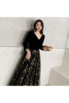 Shop Black With Gold Formal Evening Dress Vneck With Sleeves online. SheProm offers formal, party, casual & more style dresses to fit your special occasions. Spring V-neck Dresses For Banquet, Fall Party V-neck Maxi Dress, Fall Banquet V-neck Evening Dress, Holiday V-neck Evening Dress For Night Out, Winter Evening Maxi Dress With V-neck, Elegant V-neck Midi Dress For Prom, Elegant V-neck Banquet Dress, Fall Cocktail V-neck Maxi Dress, V-neck Evening Dress For Prom Season Dinner