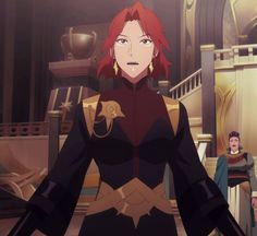 an anime character with red hair standing in front of two other characters wearing black and gold outfits