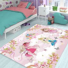 a bedroom with pink walls and flooring has an area rug that looks like a fairy princess