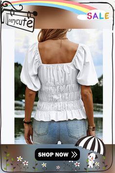 White Square Neck Puff Sleeve Pleated Tops Spring Casual Solid Puff Sleeve Top, Casual Puff Sleeve Top In Solid Color For Spring, Casual Solid Color Puff Sleeve Top For Spring, Casual Solid Puff Sleeve Top For Summer, Casual Stretch Puff Sleeve Top For Day Out, White Stretch Puff Sleeve Top Casual Style, White Casual Stretch Puff Sleeve Top, Casual White Stretch Puff Sleeve Top, Casual White Puff Sleeve Top For Fall