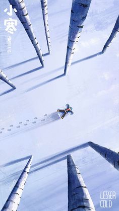 a man riding a snowboard down the side of a snow covered slope next to tall trees