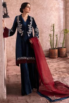 Navy Blue Velvet Suit, Blue Velvet Suit, Maroon Coat, Black Anarkali, Pakistan Dress, Winter Suits, Navy Blue Velvet, Velvet Suit, Elegant Embroidery