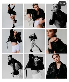 a collage of photos showing different models in black jackets and white shorts, with the same model posing