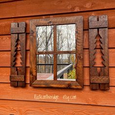 This is a Warm tone mirror with Pine Tree cut out shutters.  Mirror is reclaimed and may contain scuffs & scratches  Comes with hangers attached Shutters & Mirror have hangers attached to create your own personal decor. Measures 23"x18" and  shutters 23"x 5.75" Diy Lodge Decor, Rustic Wall Art Living Room, Western Wood Decor, Mirror With Shutters, Western Lodge, Shutter Mirror, Mirror Farmhouse, Farmhouse Mirror, Rustic Shutters