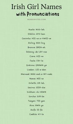 irish girl names with pronounctions in english and spanish on a green background