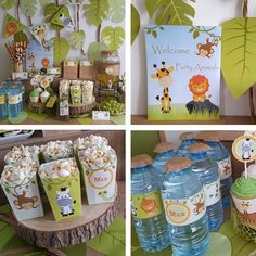 a jungle animal themed birthday party with water bottles and desserts