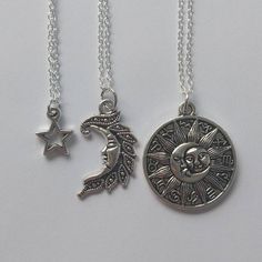 Necklace set 🌠 16 inch silver tone necklace with sun charm 🌠 18 inch silver tone necklace with moon charm 🌠 20 inch silver tone necklace with sun and moon amulet 🌠 complete  in gift bag An amulet, also known as a good luck charm, is an object believed to confer protection upon its possessor.  Amulet features sun, moon and all the zodiac symbols Spiritual Silver Moon Charm Necklace, Silver Celestial Nickel-free Charm Necklaces, Silver Moon Charm Necklace With Sun And Moon Design, Silver Pendant Charm Necklaces With Sun And Moon Design, Silver Pendant Charm Necklace With Sun And Moon Design, Adjustable Silver Celestial Charm Necklaces, Silver Amulet Necklace With Sun And Moon Design, Silver Celestial Necklace With Sun Design, Spiritual Silver Necklace With Sun Design