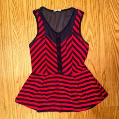 Urban Outfitters “Pins And Needles” Red & Navy Blue Striped Peplum Top With Mesh Cutouts Size Small Button Design Going Down The Front With A Sexy Mesh Back New Without Tags Never Worn Red Fitted Peplum Top, Fitted Red Peplum Top, Red Peplum Tops For Summer, Blue Peplum Top, Striped Peplum Top, Pins And Needles, Urban Outfitters Tops, Peplum Top, Knit Top