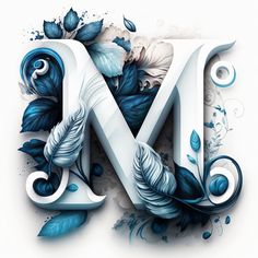 the letter m is decorated with blue flowers and leaves on it's sides, as well as feathers