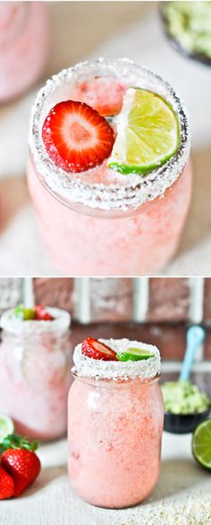 strawberry margaritas with lime and strawberries in mason jars for garnishes