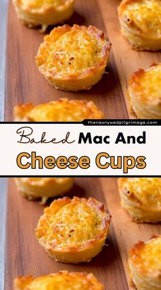 baked mac and cheese cups on a cutting board with the title text above it reads baked mac and cheese cups