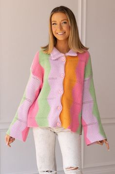 Wrap yourself in the cozy elegance of our Boho Bliss Rainbow Blanket Sweater, a stylish ode to comfort and vibrant bohemian flair. Crafted from high-quality materials, this sweater features a mesmerizing rainbow pattern that adds a pop of color to your winter wardrobe. With its relaxed fit and oversized design, it's the perfect statement piece for staying warm and fashionable.Model & Fit Model: Chansey (5' 7" and Size 0 or XS) is wearing a size x-small Relaxed Fit High Stretch Unlined Button Clo Blanket Cardigan, Chevron Blanket, Rainbow Chevron, Rainbow Blanket, Blanket Sweater, Rainbow Pattern, Winter Wardrobe, Outerwear Women, Stay Warm