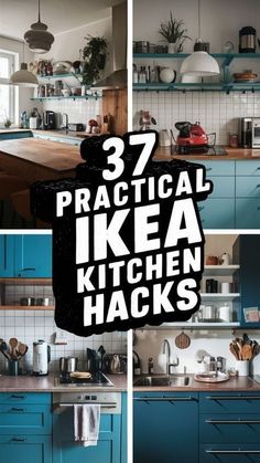 the kitchen has blue cabinets and shelves with black letters on them that read 37 practical ikea kitchen hacks