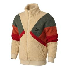 PUMA Retro Block Sherpa Jacket 'Brown Red Green' 530808-12 Brown Winter Outerwear For Outdoor Activities, Brown Winter Outerwear For Outdoor, Cozy Brown Fleece Jacket For Winter, Cozy Brown Winter Fleece Jacket, Beige Fleece Winter Outerwear, Beige Fleece Jacket For Winter, Winter Beige Fleece Outerwear, Winter Beige Track Jacket For Streetwear, Beige Winter Track Jacket For Streetwear