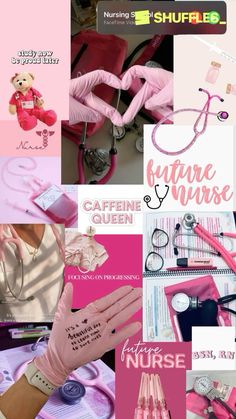 pink collage with nurse's accessories and text that reads nurse nurse & nurse