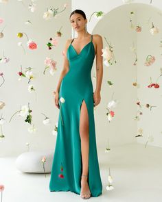 Fabric: Satin Cotton 50%, Polyester 50% V neckline Spaghetti straps Adjustable strap Sleeveless Backless Thigh slit Floor-length hemline Maxi length Wear Store, Puff Sleeve Dresses, Women's Wear, Green Satin, Blue Satin, Dress Suits, Mini Dress With Sleeves, Latest Fashion For Women, Dress First