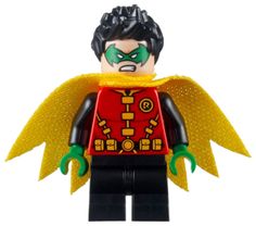 the lego batman movie minifigure is wearing a red and yellow cape with green eyes