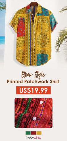 Mens Floral Printing Patchwork Ethnic Style Summer Short Sleeve Loose Casual Shirt. Patchwork Shirt, Floral Printing, Mens Fashion Summer, Ethnic Style