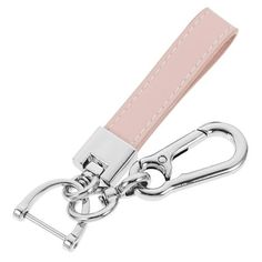 a pink leather key chain with silver hardware