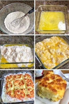 six pictures showing different stages of making baked goods in baking pans, including bread and pudding