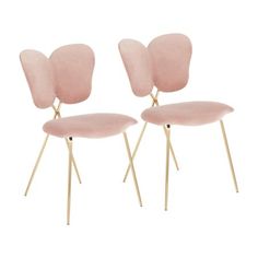 pair of pink velvet chairs with gold metal legs and backrests on white background