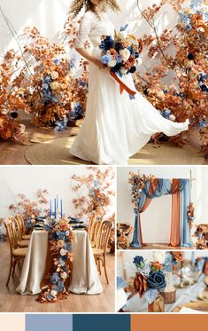 a woman in a white dress standing next to a table with blue and orange flowers on it