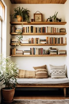 a living room filled with lots of books on shelves next to a couch and potted plants