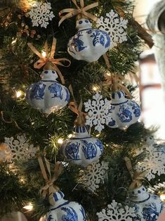 a christmas tree with blue and white ornaments