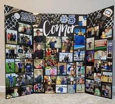 a collage of photos is displayed in front of a wall with the words congratulations written on it