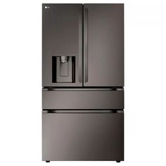 a black refrigerator freezer sitting in front of a white wall