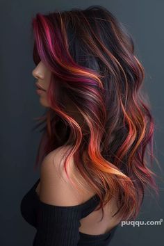 Dark Hair Vivids, Hair Color Inspo Colorful, Awesome Hair Color Ideas, Hair Cut And Color Ideas For Brunettes, Vibrant Hair Highlights, Colorful Tips Hair, Fantasy Color Balayage, Purple Copper Hair, Auburn Purple Hair