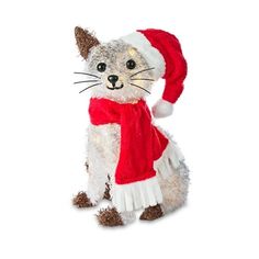 a stuffed cat wearing a santa hat and scarf on its head, standing up with it's paws in the air