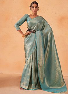 Aqua Blue Brocade Detailed Kanjivaram Silk Saree Classic Saree, Zari Saree, Wedding Sarees Online, Indian Dresses Online, Blue Silk Saree, Turquoise Blouse, Cyan Colour, Kanjivaram Saree, Modern Saree