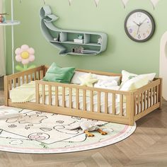 a baby's room with a wooden crib and wall clock on the wall