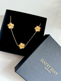 Clover flower charm necklace 18k gold plated Stainless steel Chain necklace Gold Plated Flower Shaped Jewelry, Gold Flower Necklace In 14k Gold, Delicate Gold Plated Jewelry With Flower Charm, Gold Tarnish Resistant Necklace For Birthday, Gold-plated Necklaces For Birthday Gift, Gold-plated Flower Jewelry In Gold, Flower Shaped Yellow Gold Jewelry With Adjustable Chain, Yellow Gold-plated Necklace With Flower Charm, Yellow Gold Plated Flower Jewelry