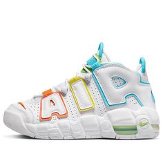 (GS) Nike Air More Uptempo GS 'White Multi' FJ4624-100 Rainbow Nikes, Nike Uptempo, Nike App, Nike Air More Uptempo, Nike Air More, European Shoes, Rainbow Shoes, Nice Jewelry, Xmas List