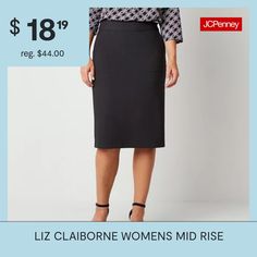 This Liz Claiborne women's pencil skirt is a classic style choice for a day of meetings or a casual event. Cut from smooth stretch-twill, this midi-length style has a flat front waist with a back zip closure. Complement it with a fine-knit sweater or blouse.Front Style: Flat FrontFeatures: Stretch FabricClosure Type: ZipperClosure Location: BackRise: Mid RiseApparel Length: 24 InchesFiber Content: 75% Polyester, 19% Rayon, 6% ElastaneFabric Description: Twill, WovenLining: LinedSkirt Length: Kn… Petite Skirts, Fine Knit Sweater, Womens Pencil Skirts, Black Pencil Skirt, Midi Skirt Pencil, Pencil Skirts, Skirt Outfits, Liz Claiborne, Midi Length