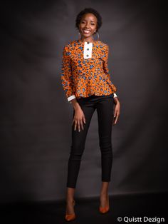 African clothing African Ankara Top African Orange Top Fitted Orange Tops For Work, Fitted Orange Blouse For Work, African Jacket, Model Wax, Ankara Peplum Tops, Model Batik, Ankara Jackets, Ankara Tops, African Print Tops