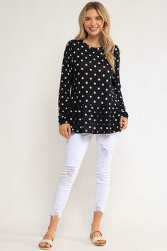 - Polka dot tunic top- Ruffle bottom- Brushed hacci jersey- Model is 5' 8" 34-24-34 and wearing a Small Style: Casual Print / Pattern: Polka dot Fit: Relaxed Fit Neck Line: Round neck Sleeve: Long sleeve Lining: No Made In: Made In U.S.AFabric Contents: 87% POLYESTER 10% RAYON 3% SPANDEXNon-sheer fabricCare Instructions: Machine wash cold, Do not bleachSize Measurement (inch): S: 36.0-38.0 (Bust), null (Waist), null (Hips), null (Length) M: 38.0-40.0 (Bust), null (Waist), null (Hips), null (Leng Casual Polka Dot Blouse For Fall, Flat Wedges, Overlay Dress, Cami Crop Top, Kimono Cardigan, Tunic Length, Polka Dot Print, Skirt Leggings, Sweater Blouse