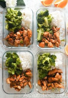 four plastic containers filled with rice, broccoli and orange slices on top of a table