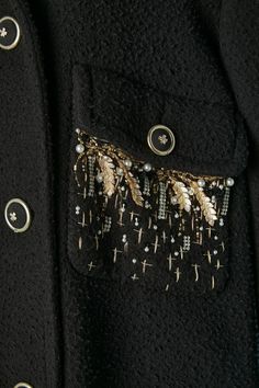 Black wool and cashmere double-breasted coat with embroideries on pockets Chanel For Sale at 1stDibs Chanel Suits For Women, Chanel Embroidery, Abaya Ideas, Leather And Beads, Embellished Coat, Chanel Coat, Chanel Suit, Embroidered Leather, Gold Embroidery