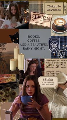 a collage of photos with coffee, books, and other things in them that are all over the place