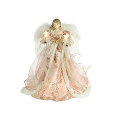 an angel figurine with white wings and pink dress, holding a bouquet of flowers