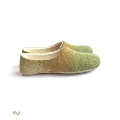 Handmade wool felted slippers  earth spring by RitaJFelt on Etsy, $60.00 Green Rubber Sole Slippers For Spring, Green Flat Slippers With Rubber Sole, Comfortable Green Closed Toe Slippers, Comfortable Green Slippers For Spring, Green Comfortable Slippers With Round Toe, Comfortable Green Winter Slippers, Comfortable Green Slippers For Winter, Green Closed-toe Winter Slippers, Casual Green Slippers With Soft Sole