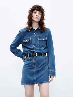 MO&Co. Women's Blue Long Sleeve Shirt Denim Mini Dress with Rhinestone Details Cuffs Shirt, Long Sleeve Denim Dress, Blue Long Sleeve Shirt, Denim Mini Dress, Dress Silhouette, Mesh Bag, Shirtdress, Pocket Design, Waist Belt